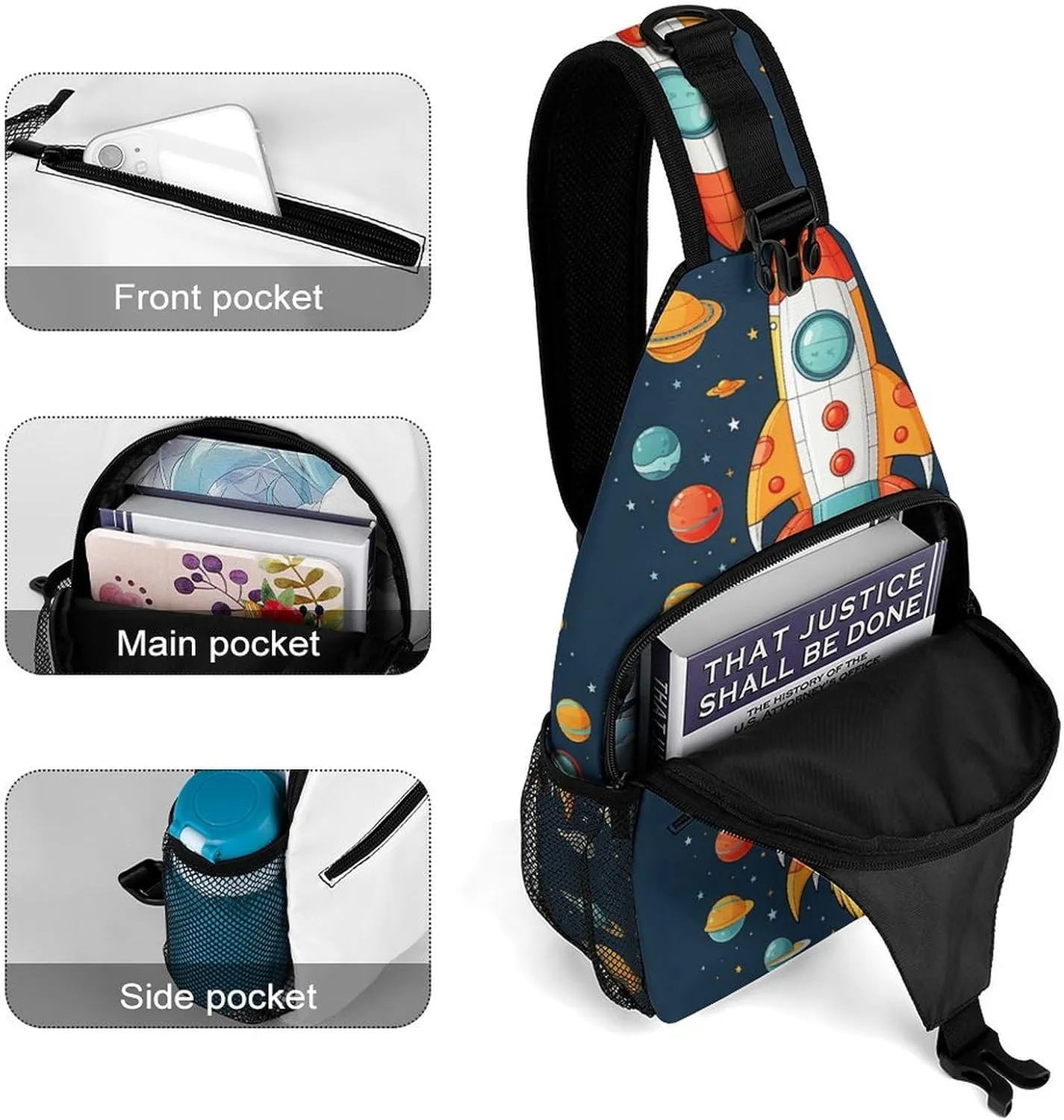 Small Sling Chest Bag Crossbody Bag for Men Women,Rocket Clipart Space Ship Lightweight Gym Daypack for Travel Cycling Hiking