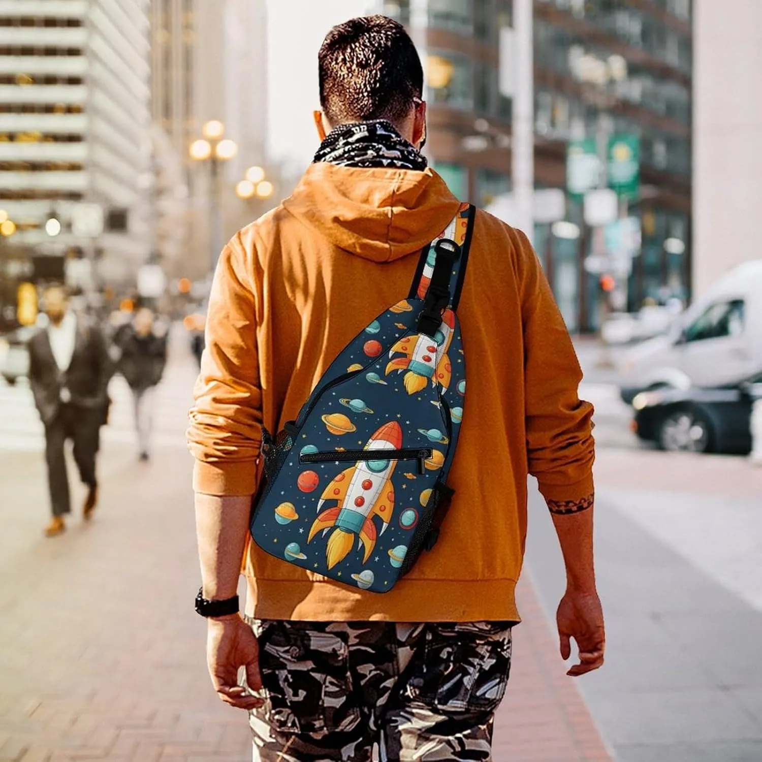 Small Sling Chest Bag Crossbody Bag for Men Women,Rocket Clipart Space Ship Lightweight Gym Daypack for Travel Cycling Hiking