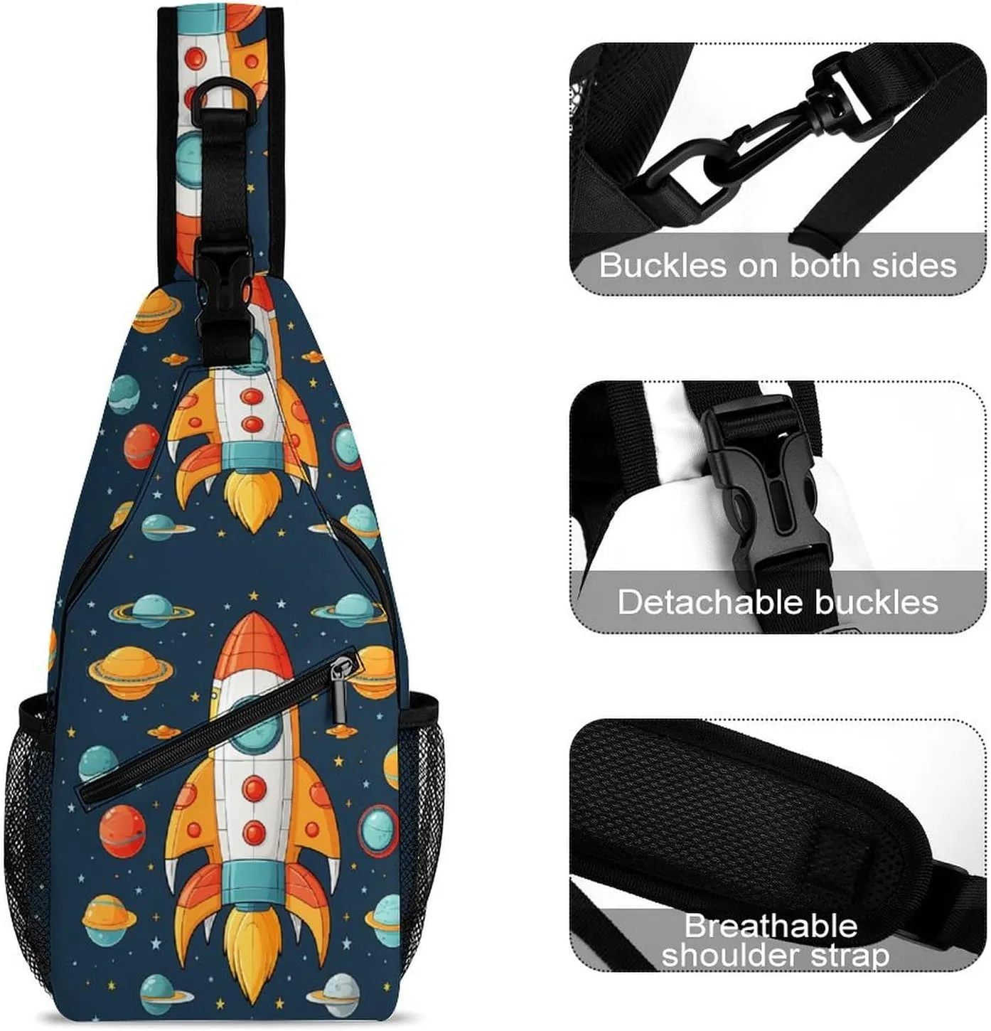 Small Sling Chest Bag Crossbody Bag for Men Women,Rocket Clipart Space Ship Lightweight Gym Daypack for Travel Cycling Hiking