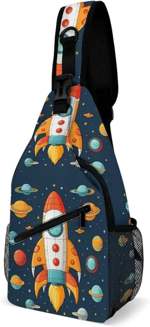 Small Sling Chest Bag Crossbody Bag for Men Women,Rocket Clipart Space Ship Lightweight Gym Daypack for Travel Cycling Hiking