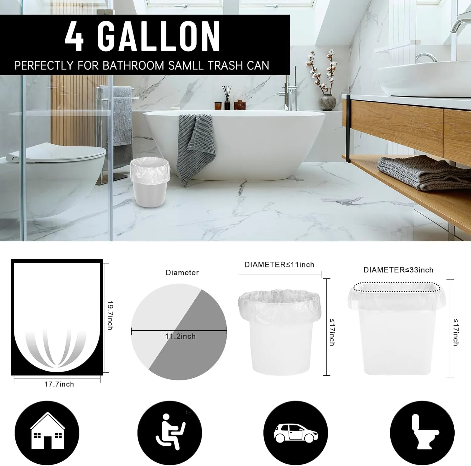 Small Trash Bags 4 Gallon, Flexible & Durable Small Garbage Bags, Unscented & Easy Tearing Bathroom Trash Bag for Kitchen, Bathroom, Bedroom, Office, Transparent, 330Counts, 0.3Mil