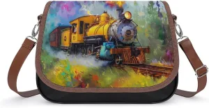 Smoke Steam Train Painting Women's Crossbody Bag PU Leather Message Bag Shoulder Handbag Purse for Travel Office