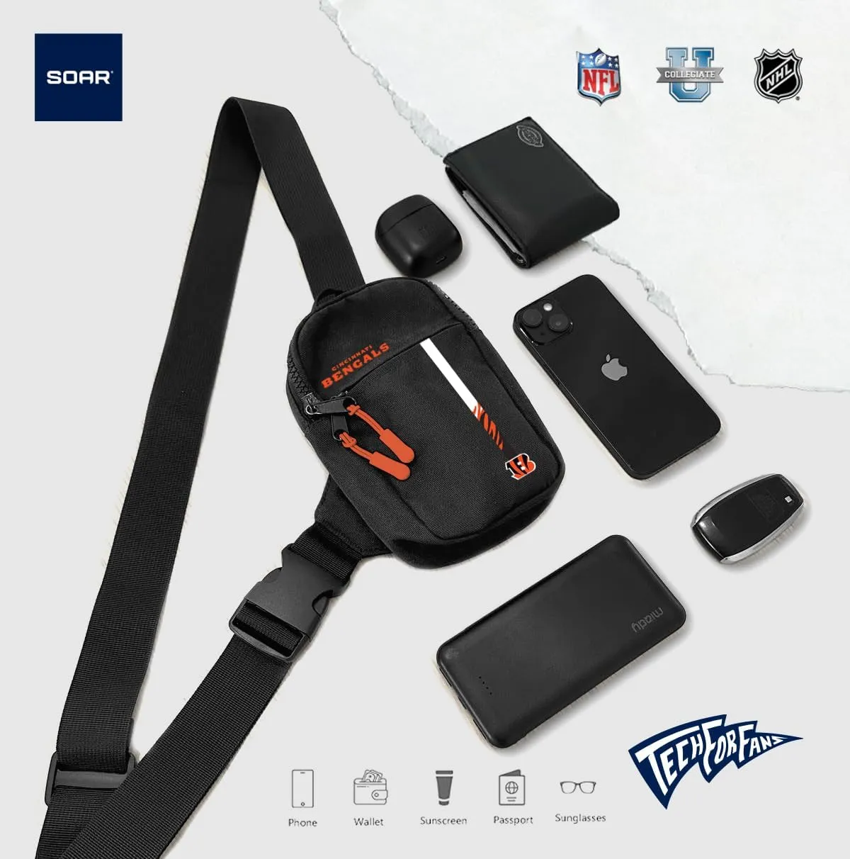 SOAR Unisex Crossbody Tech Adjustable Strap Travel Backpack Officially Licensed NFL, Mini Sling Bag