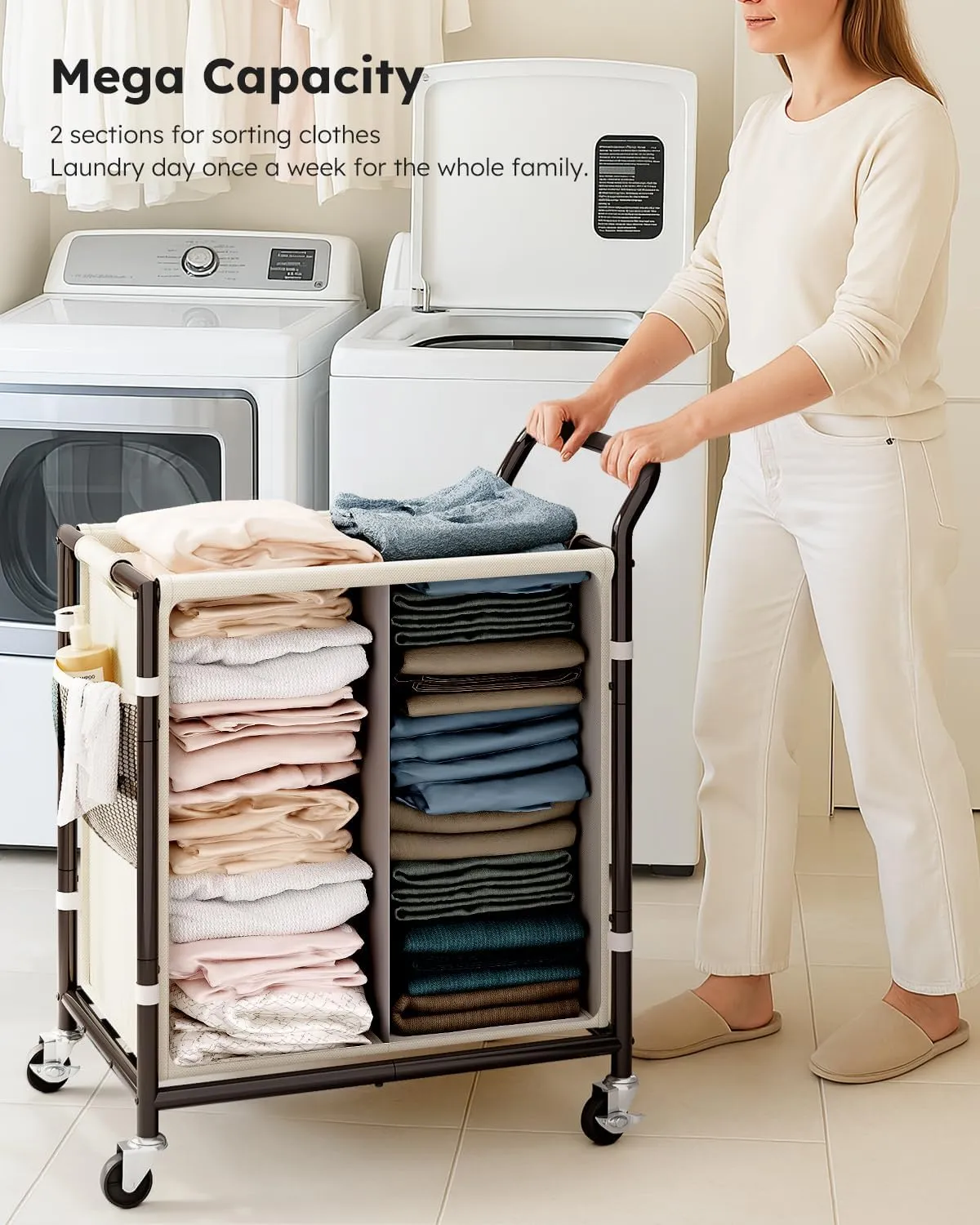 SOLEDI Laundry Basket with Wheels,38 Gallons(145L) Laundry Hamper 2 Section,Sturdy Metal Frame with Handle,Laundry Cart,Rolling Laundry Basket for Bedroom Aesthetic,Easy to Assemble,Ivory