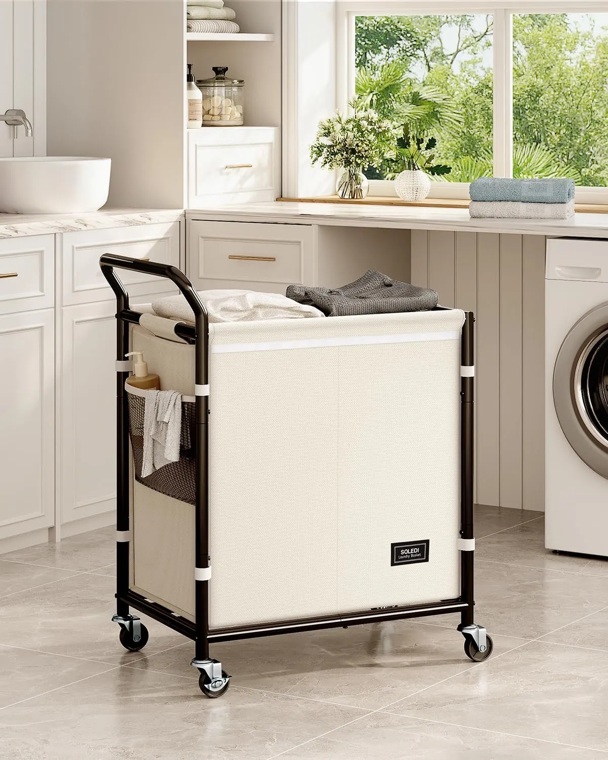 SOLEDI Laundry Basket with Wheels,38 Gallons(145L) Laundry Hamper 2 Section,Sturdy Metal Frame with Handle,Laundry Cart,Rolling Laundry Basket for Bedroom Aesthetic,Easy to Assemble,Ivory