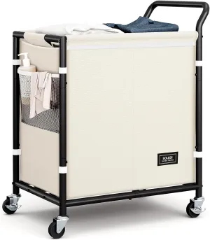 SOLEDI Laundry Basket with Wheels,38 Gallons(145L) Laundry Hamper 2 Section,Sturdy Metal Frame with Handle,Laundry Cart,Rolling Laundry Basket for Bedroom Aesthetic,Easy to Assemble,Ivory