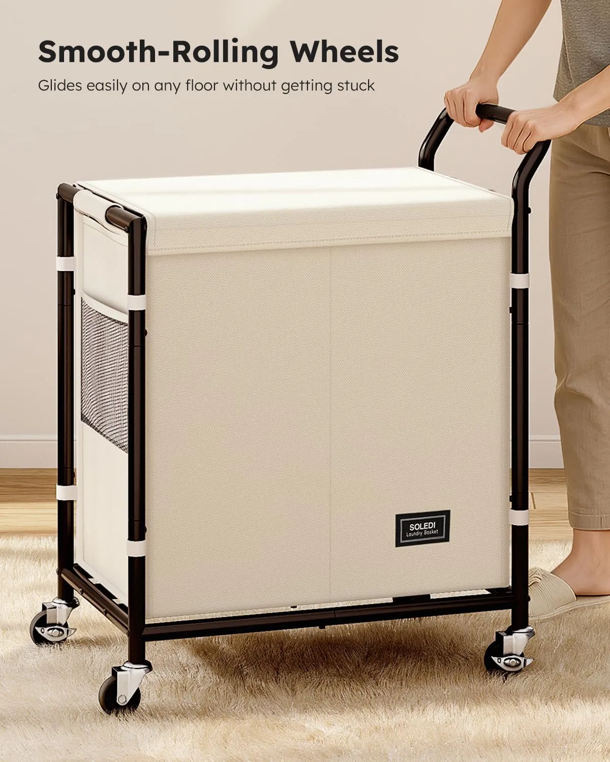 SOLEDI Laundry Basket with Wheels,38 Gallons(145L) Laundry Hamper 2 Section,Sturdy Metal Frame with Handle,Laundry Cart,Rolling Laundry Basket for Bedroom Aesthetic,Easy to Assemble,Ivory