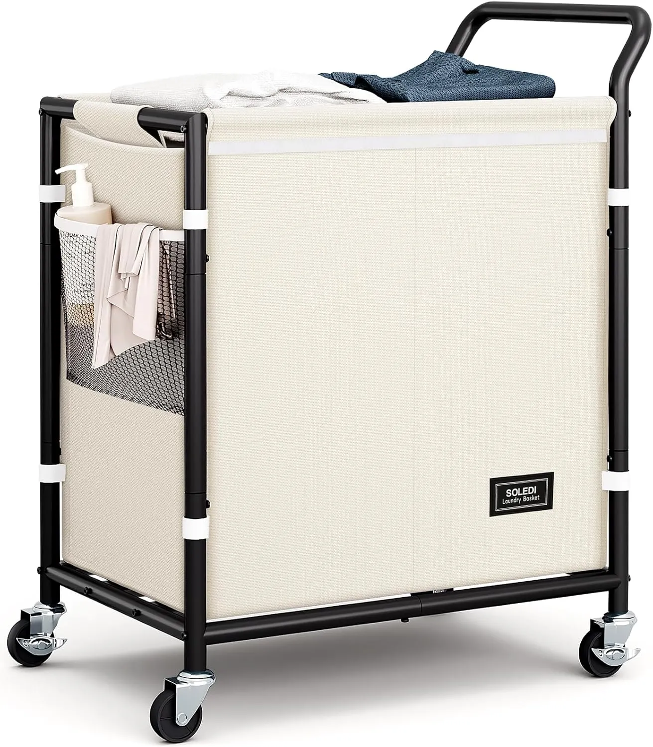 SOLEDI Laundry Basket with Wheels,38 Gallons(145L) Laundry Hamper 2 Section,Sturdy Metal Frame with Handle,Laundry Cart,Rolling Laundry Basket for Bedroom Aesthetic,Easy to Assemble,Ivory