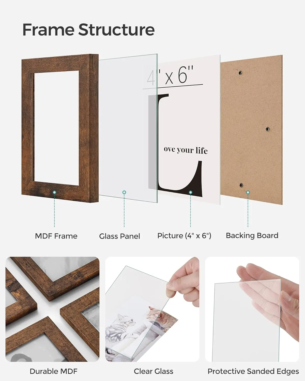 SONGMICS 4x6 Collage Picture Frames, 12-Pack Photo Collage Frame for Wall Decor, Glass Front, Assembly Required, Rustic Brown