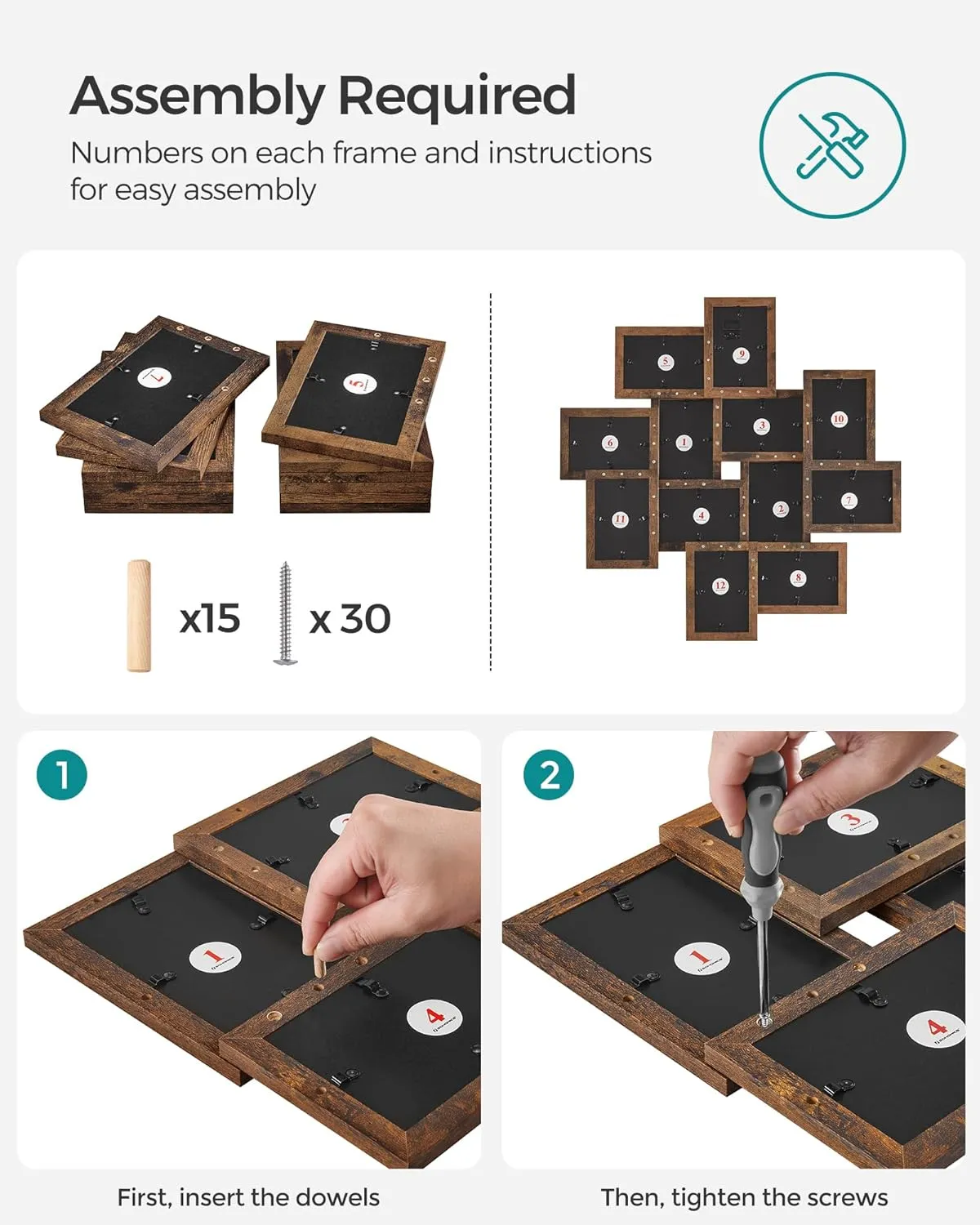 SONGMICS 4x6 Collage Picture Frames, 12-Pack Photo Collage Frame for Wall Decor, Glass Front, Assembly Required, Rustic Brown