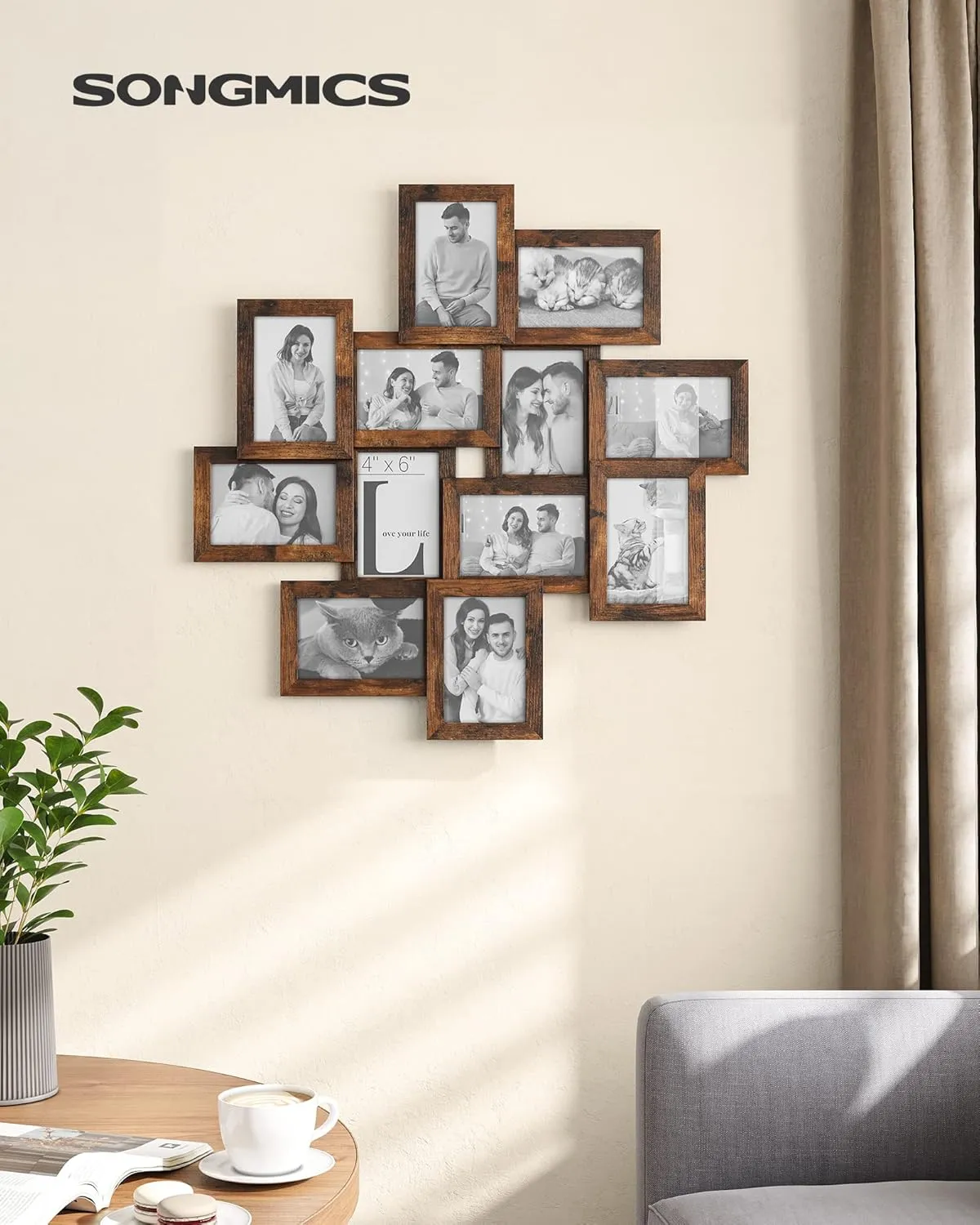 SONGMICS 4x6 Collage Picture Frames, 12-Pack Photo Collage Frame for Wall Decor, Glass Front, Assembly Required, Rustic Brown