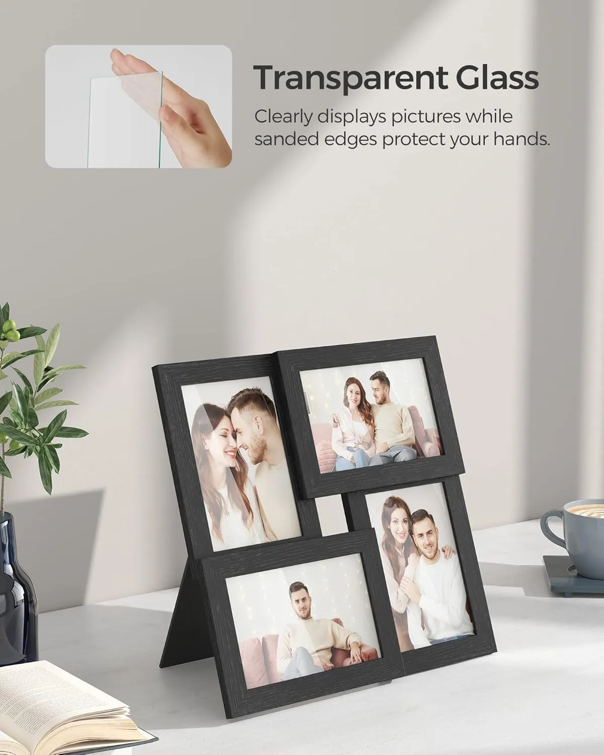 SONGMICS 4x6 Collage Picture Frames, Family Photo Collage Frame Set of 4 for Wall Decor, Glass Front, Wall Hanging or Tabletop, Ink Black