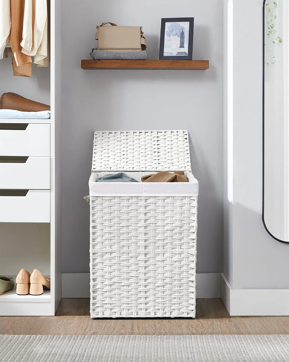 SONGMICS Laundry Hamper with Lid, 90L Clothes Hamper with 2 Removable Liner Bags, 6 Mesh Bags, Wicker Laundry Basket, Double Laundry Hamper for Bathroom, 13 x 18.1 x 23.6 Inches, White ULCB251W01V1