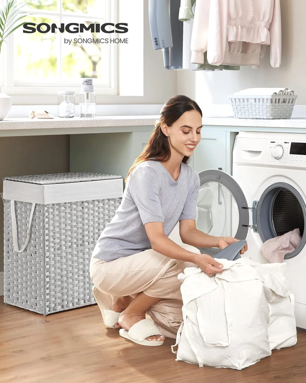 SONGMICS Laundry Hamper with Lid, 90L Clothes Hamper with 2 Removable Liner Bags, 6 Mesh Bags, Wicker Laundry Basket, Double Laundry Hamper for Bathroom, 13 x 18.1 x 23.6 Inches, White ULCB251W01V1