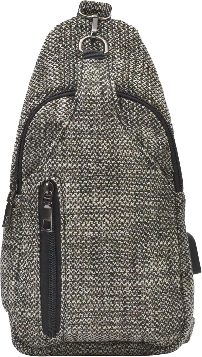 Sonoma Antitheft Daypack Crossbody Sling Backpack, USB Charging, Lightweight Day Pack for Travel, Hiking, Everyday, Regular Black/White Tweed