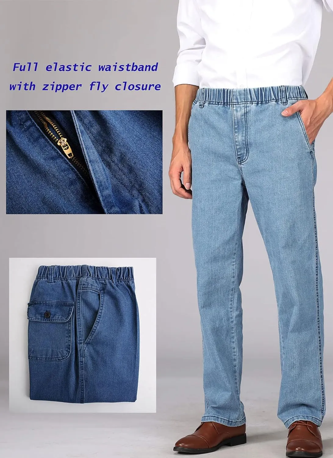 Soojun Mens Casual Loose Fit Elastic Waist Jeans Denim Pants