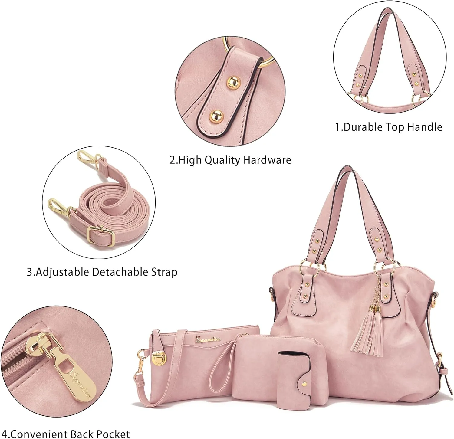 Soperwillton Fashion Handbag for Women Shoulder Bag Top Handle Satchel Hobo Tote Bag Purse Set 4pcs