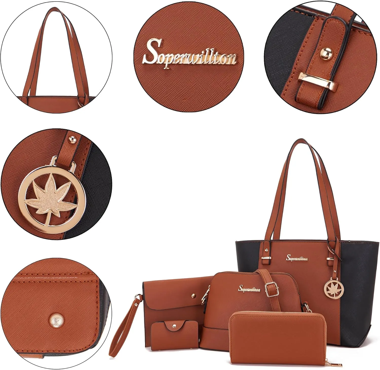 Soperwillton Handbag for Women Wallet Tote Bag Shoulder Bags Top Handle Satchel 5pcs Purse Set