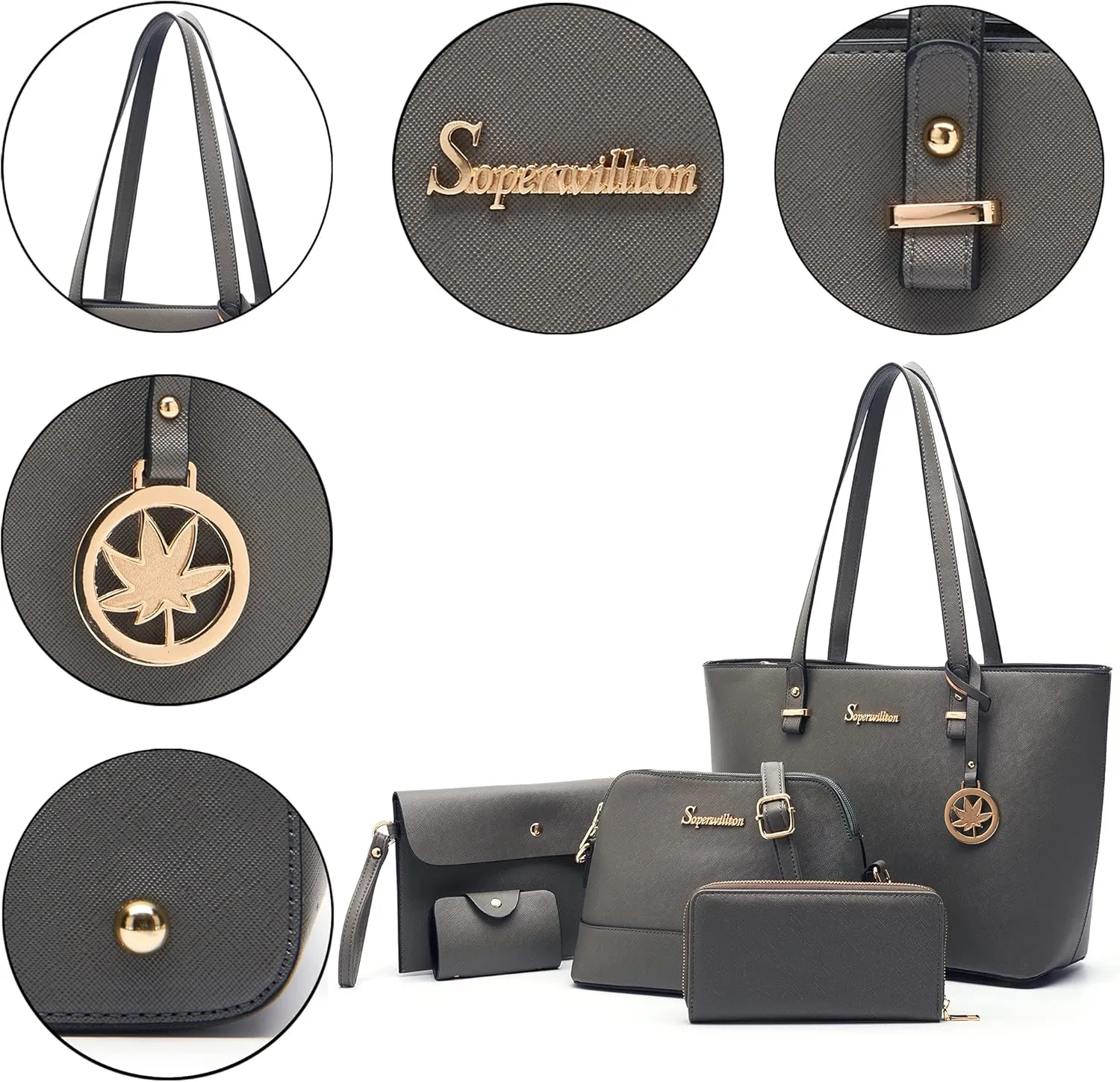 Soperwillton Handbag for Women Wallet Tote Bag Shoulder Bags Top Handle Satchel 5pcs Purse Set