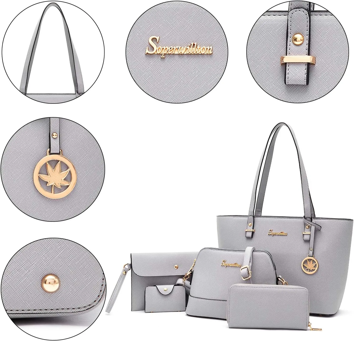 Soperwillton Handbag for Women Wallet Tote Bag Shoulder Bags Top Handle Satchel 5pcs Purse Set