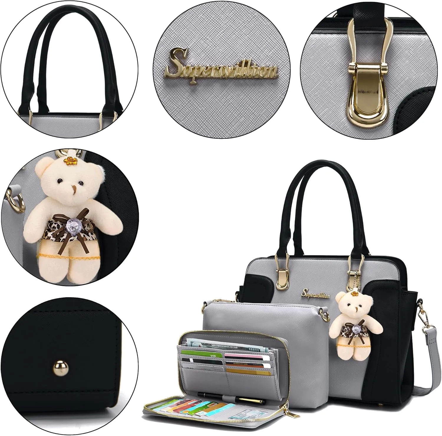 Soperwillton Purses for Women Crossbody Shoulder Handbags Top Handle Satchel Tote Bag Wallet Set 3pcs