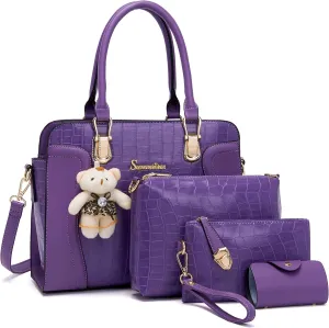 Soperwillton Women's Fashion Handbags Tote Bags Shoulder Bag Top Handle Satchel Purse Set 4pcs