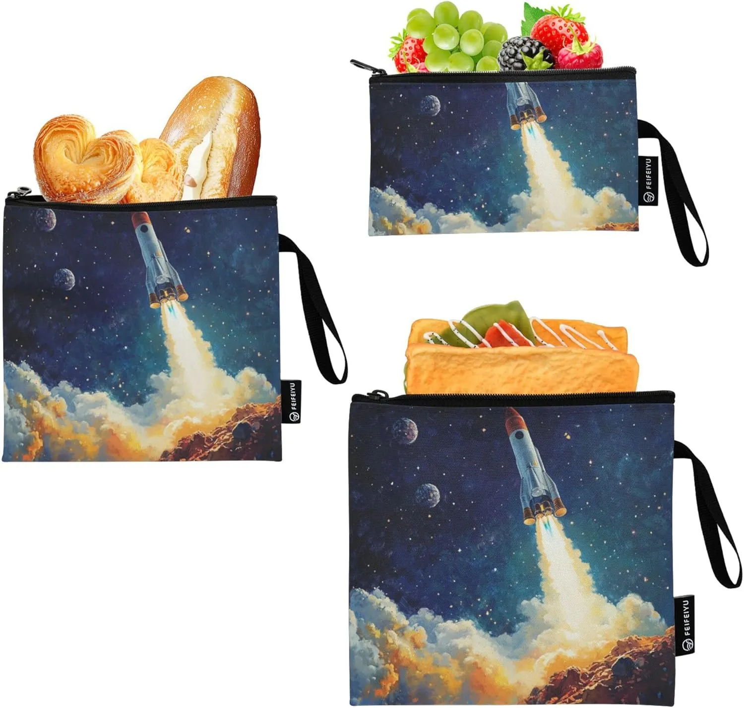 Space Rocket Launch Reusable Food Storage Bags, 3 Pack Small Lunch Bag Compact Sandwich Bag for Travel Office Picnic Work