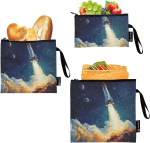 Space Rocket Launch Reusable Food Storage Bags, 3 Pack Small Lunch Bag Compact Sandwich Bag for Travel Office Picnic Work