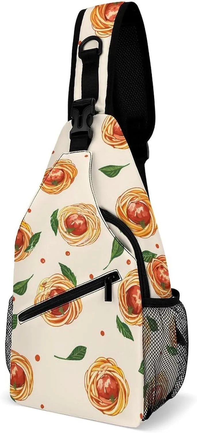 Spaghetti Meatballs Pattern Sling Bag Casual Chest Bag Daypack Crossbody Fanny Pack Cross Body Bag for Outdoors Hiking Traveling