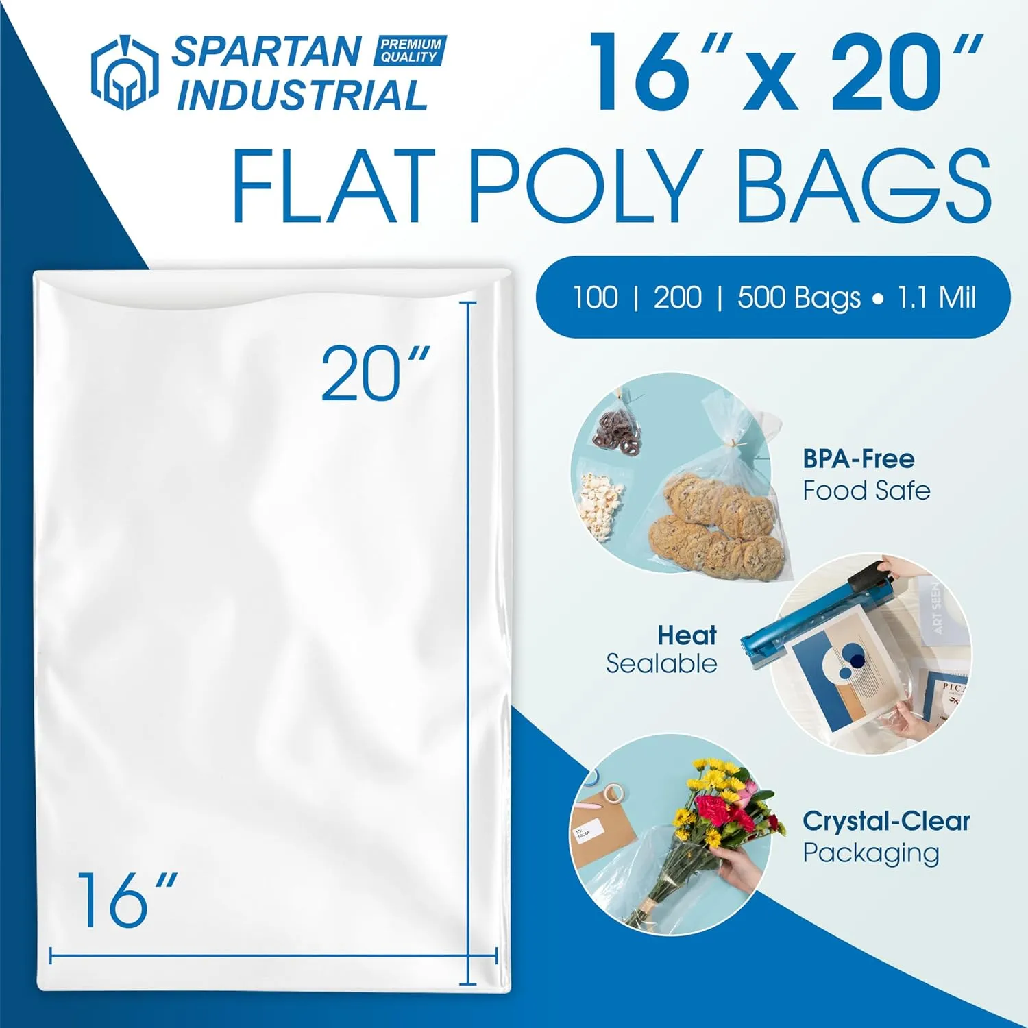 Spartan Industrial - 16” X 20” (500 Count) 1.1 Mil Flat Open End Clear Plastic Poly Bags - For Proofing Bread Dough, Packaging Clothes, Shirts (Thin & Lightweight - Bags DO NOT Have Seal)