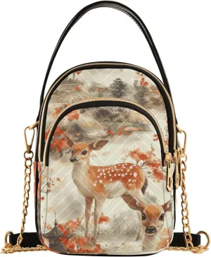 Spotted Deers Chinese Painting Style trendy shoulder bag with multi pockets handbag for fall