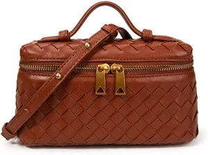 Square Box Crossbody Purse, Mini PU Leather Shoulder Bag, Top-Handle Tote Handbag, Woven Design