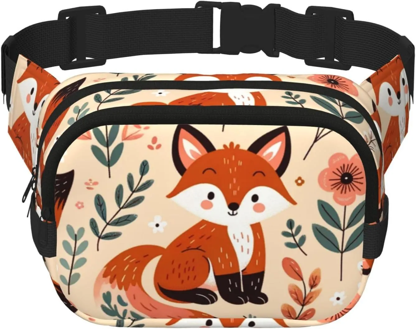 Square Double-Layer Luck-Cute-Fox Waist Bag Large Crossbody Fanny Pack For Travel Walking Running