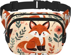 Square Double-Layer Luck-Cute-Fox Waist Bag Large Crossbody Fanny Pack For Travel Walking Running