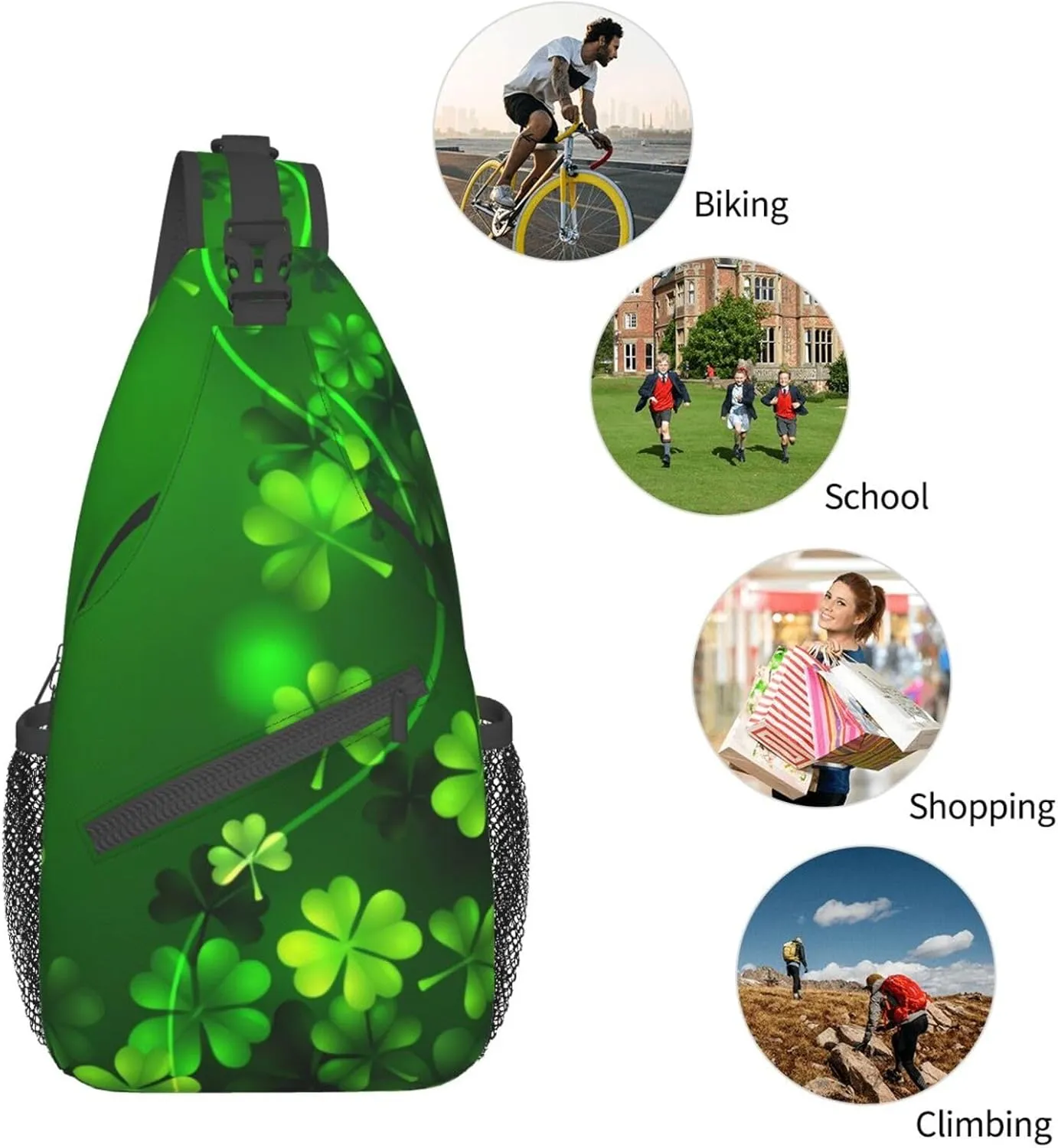 St. Patrick's Day Green Clover Sling Bag,Fashion Crossbody Backpack Shoulder Bag Chest Bag for Men Women