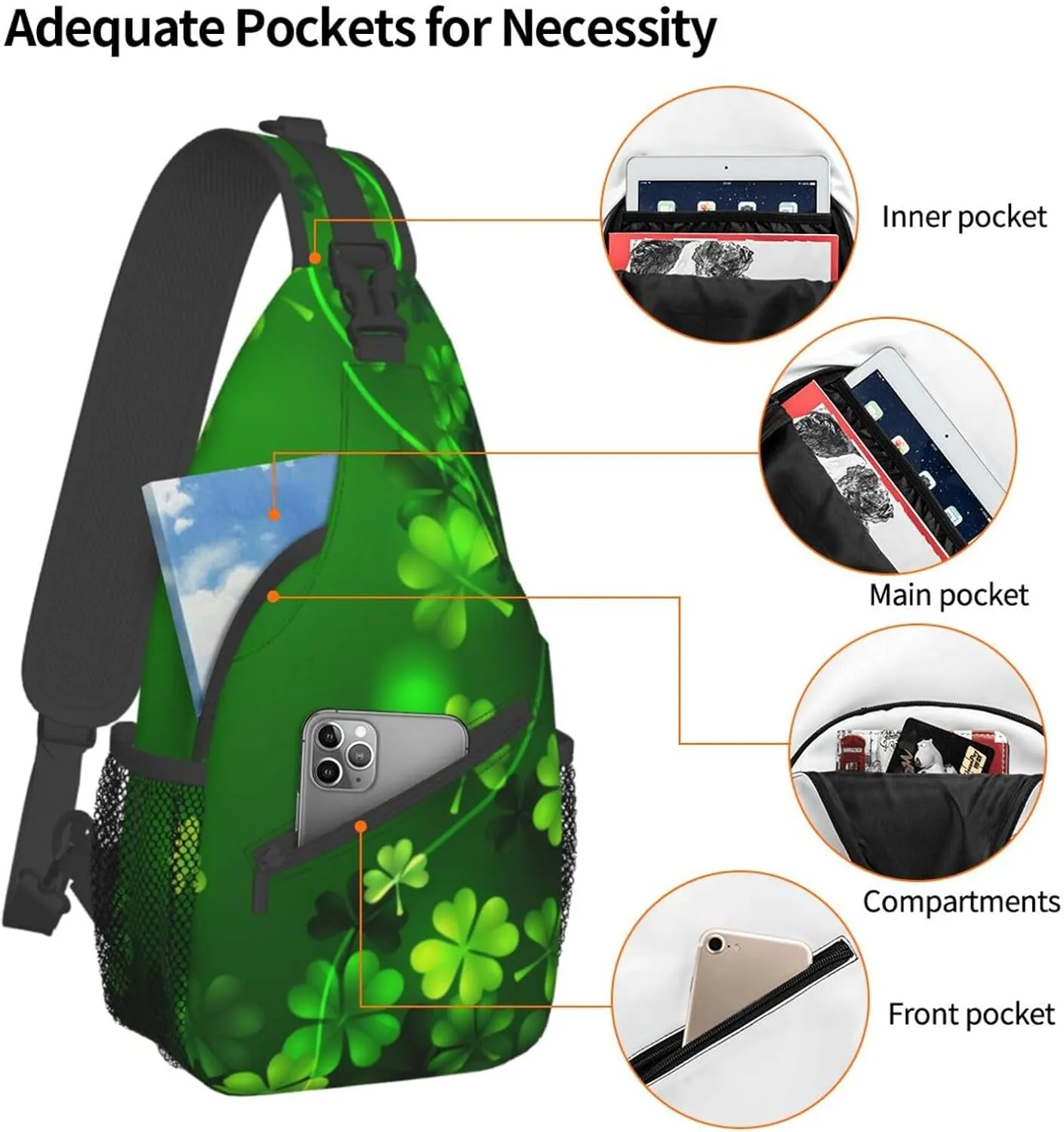 St. Patrick's Day Green Clover Sling Bag,Fashion Crossbody Backpack Shoulder Bag Chest Bag for Men Women