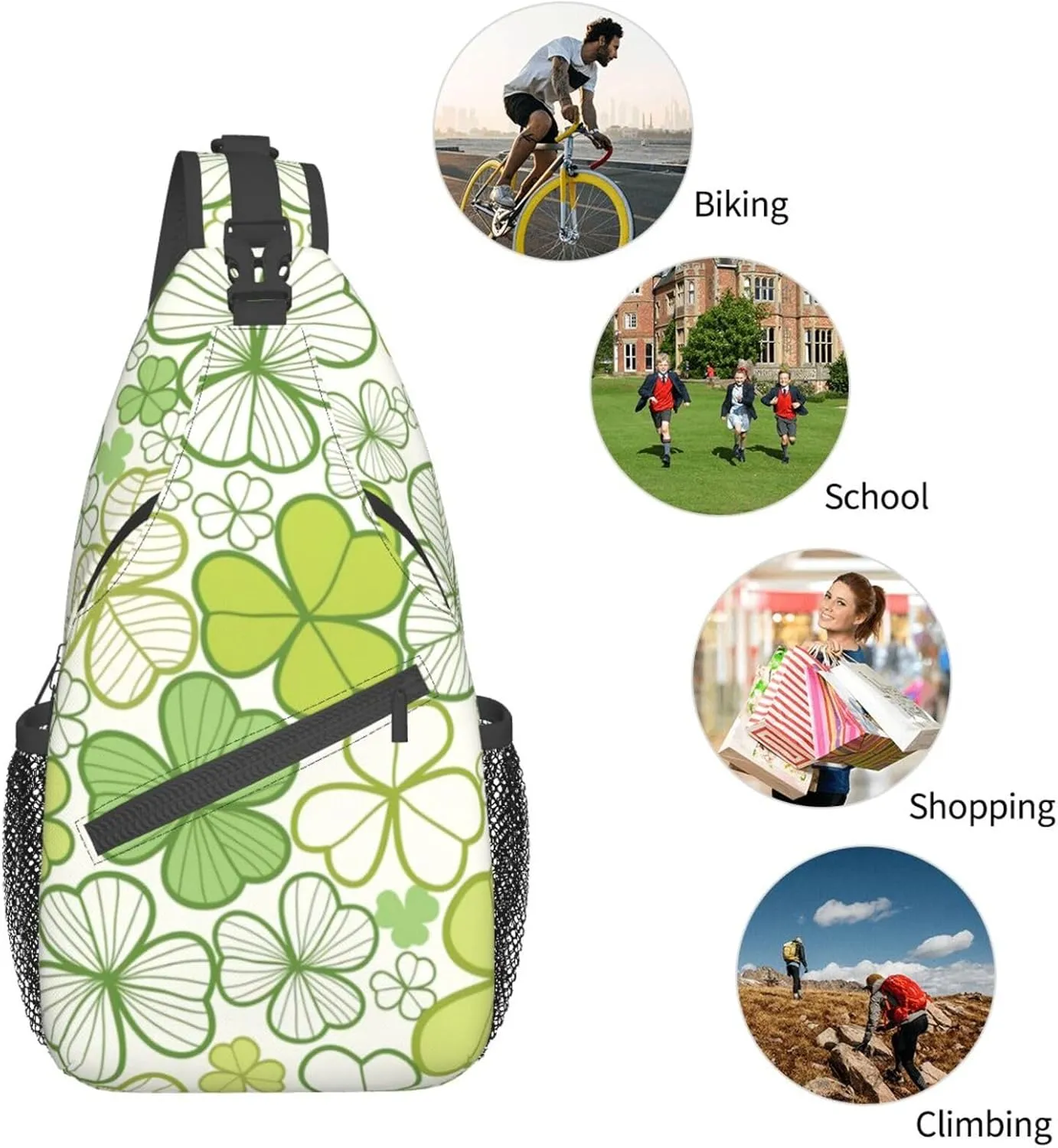 St. Patrick's Day Green Clover Sling Bag,Fashion Crossbody Backpack Shoulder Bag Chest Bag for Men Women