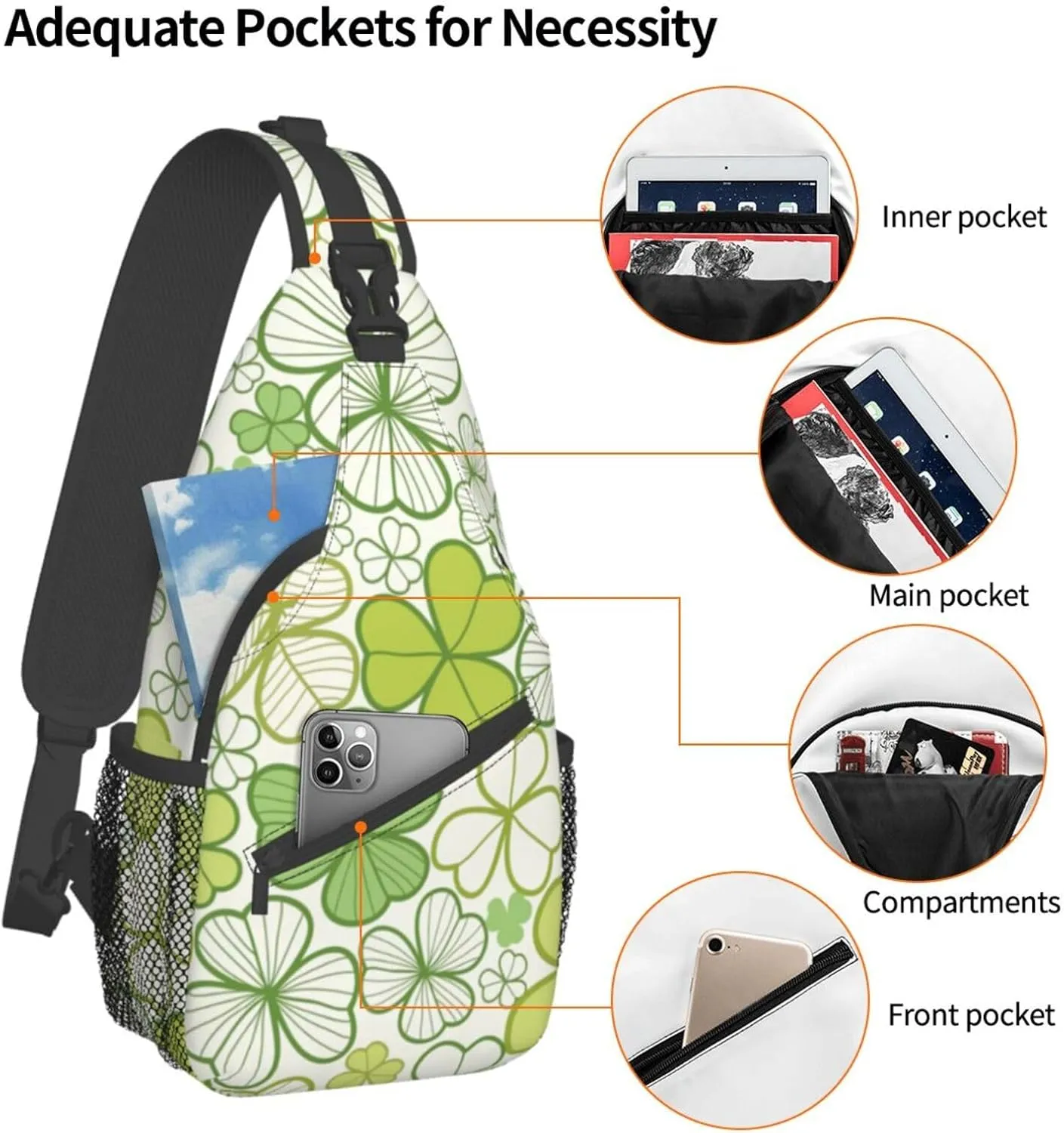 St. Patrick's Day Green Clover Sling Bag,Fashion Crossbody Backpack Shoulder Bag Chest Bag for Men Women