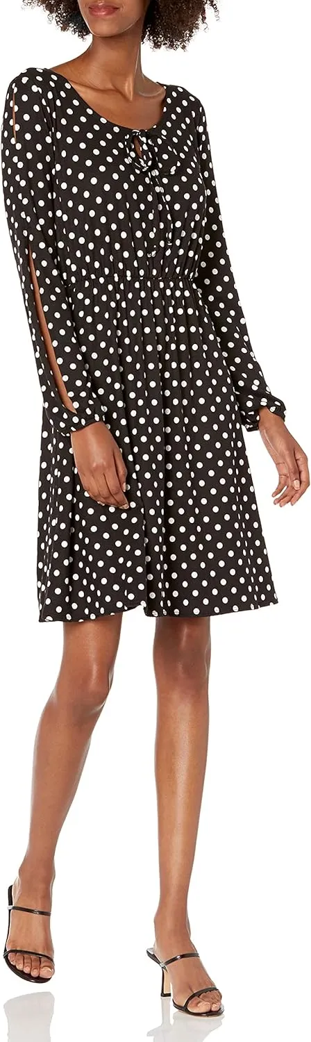 Star Vixen Women's Long Slit and Tacked Sleeve Elastic Waist Keyhole Tiefront Ity Knit Peasant Dress