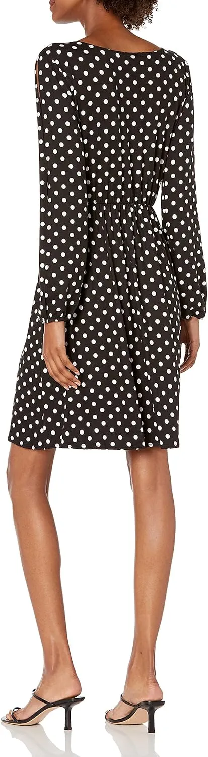 Star Vixen Women's Long Slit and Tacked Sleeve Elastic Waist Keyhole Tiefront Ity Knit Peasant Dress