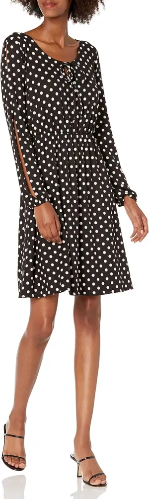 Star Vixen Women's Long Slit and Tacked Sleeve Elastic Waist Keyhole Tiefront Ity Knit Peasant Dress