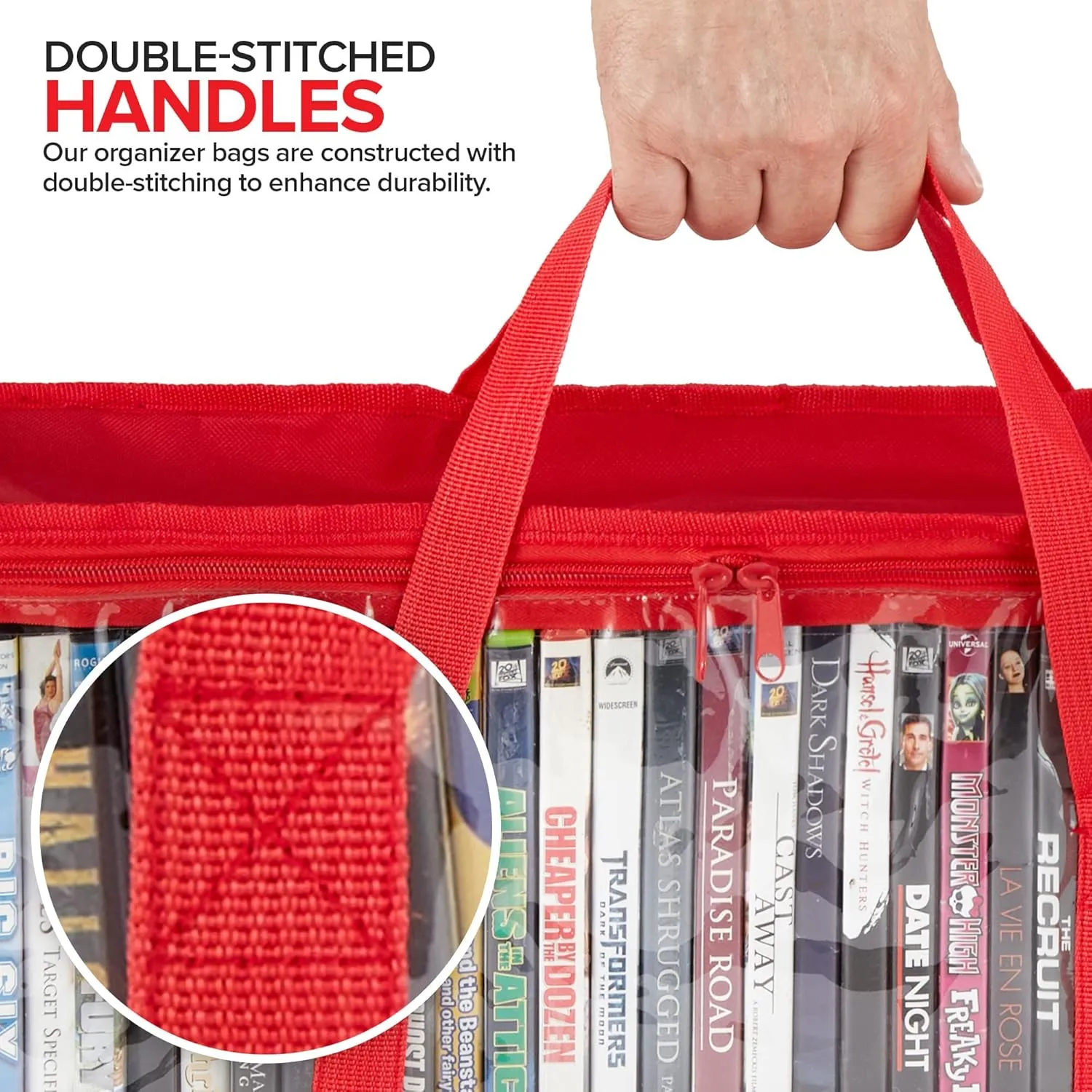 Stock Your Home DVD Storage Bags (Set of 6) Media Organizer Bag for DVDs, CDs, Blu Ray Disc, Movie Cases, VHS Box, Video Game Disks, Clear Plastic Holders with Carrying Handles and Zipper - Red