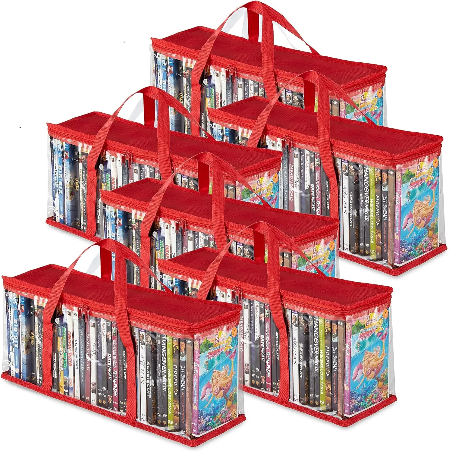 Stock Your Home DVD Storage Bags (Set of 6) Media Organizer Bag for DVDs, CDs, Blu Ray Disc, Movie Cases, VHS Box, Video Game Disks, Clear Plastic Holders with Carrying Handles and Zipper - Red