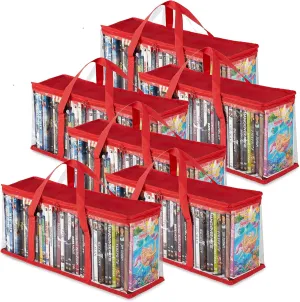 Stock Your Home DVD Storage Bags (Set of 6) Media Organizer Bag for DVDs, CDs, Blu Ray Disc, Movie Cases, VHS Box, Video Game Disks, Clear Plastic Holders with Carrying Handles and Zipper - Red