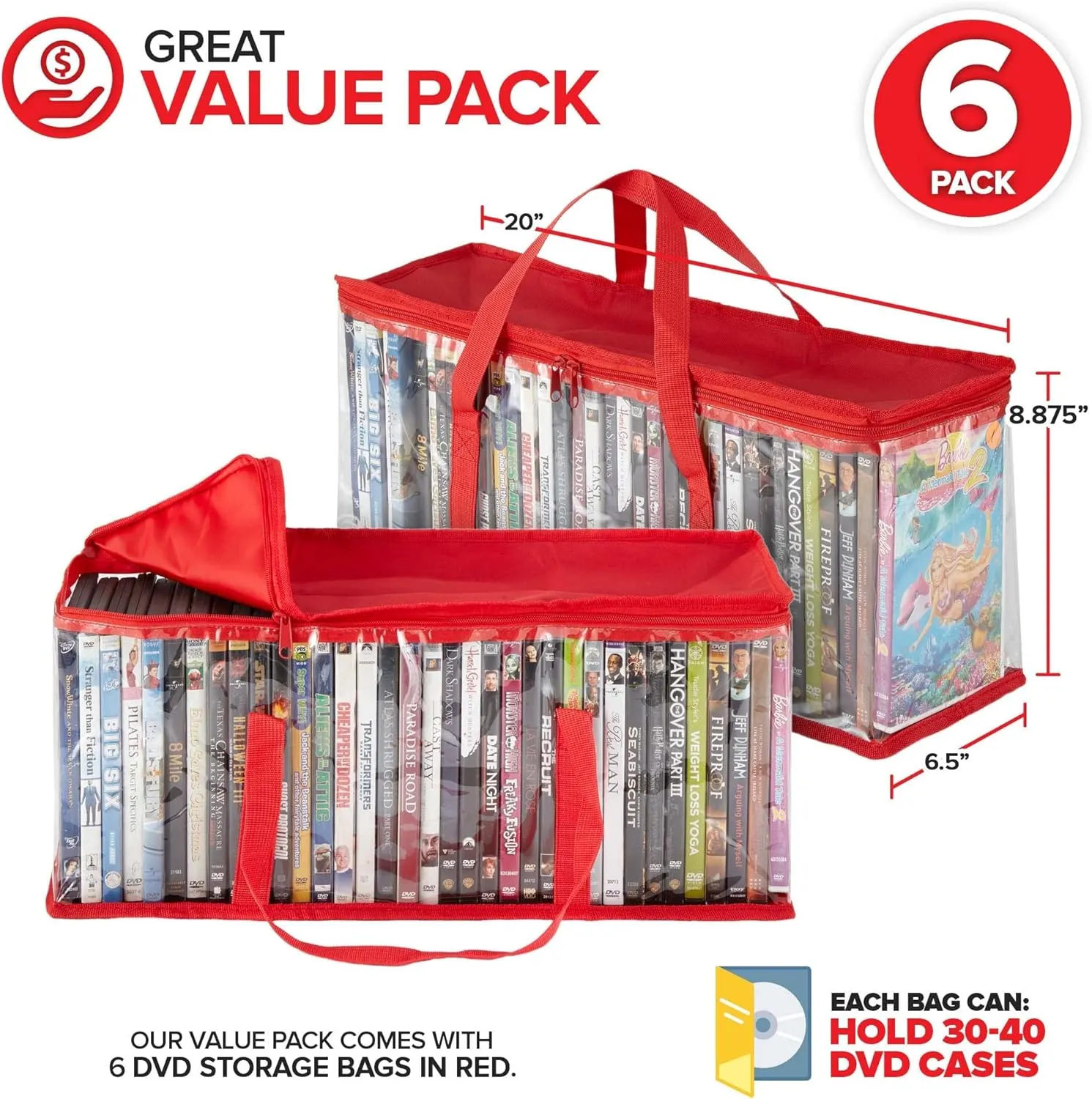 Stock Your Home DVD Storage Bags (Set of 6) Media Organizer Bag for DVDs, CDs, Blu Ray Disc, Movie Cases, VHS Box, Video Game Disks, Clear Plastic Holders with Carrying Handles and Zipper - Red