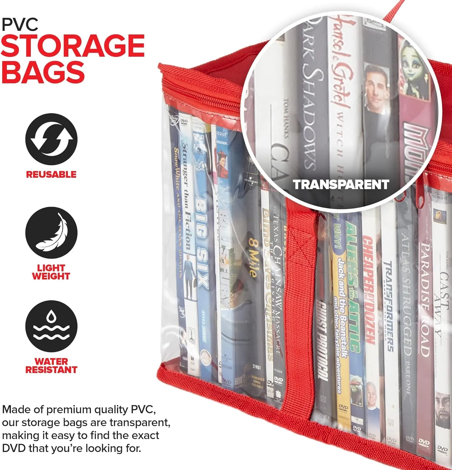 Stock Your Home DVD Storage Bags (Set of 6) Media Organizer Bag for DVDs, CDs, Blu Ray Disc, Movie Cases, VHS Box, Video Game Disks, Clear Plastic Holders with Carrying Handles and Zipper - Red