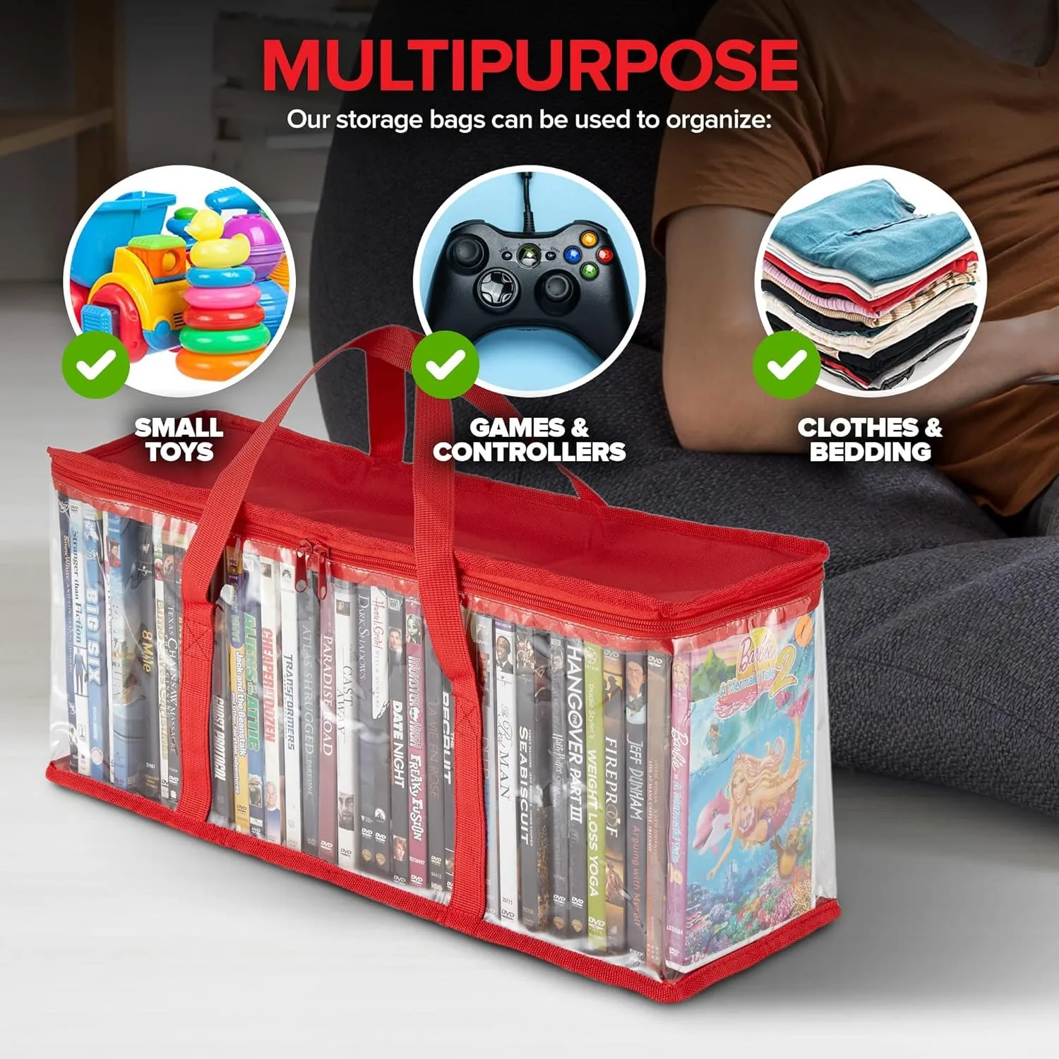 Stock Your Home DVD Storage Bags (Set of 6) Media Organizer Bag for DVDs, CDs, Blu Ray Disc, Movie Cases, VHS Box, Video Game Disks, Clear Plastic Holders with Carrying Handles and Zipper - Red