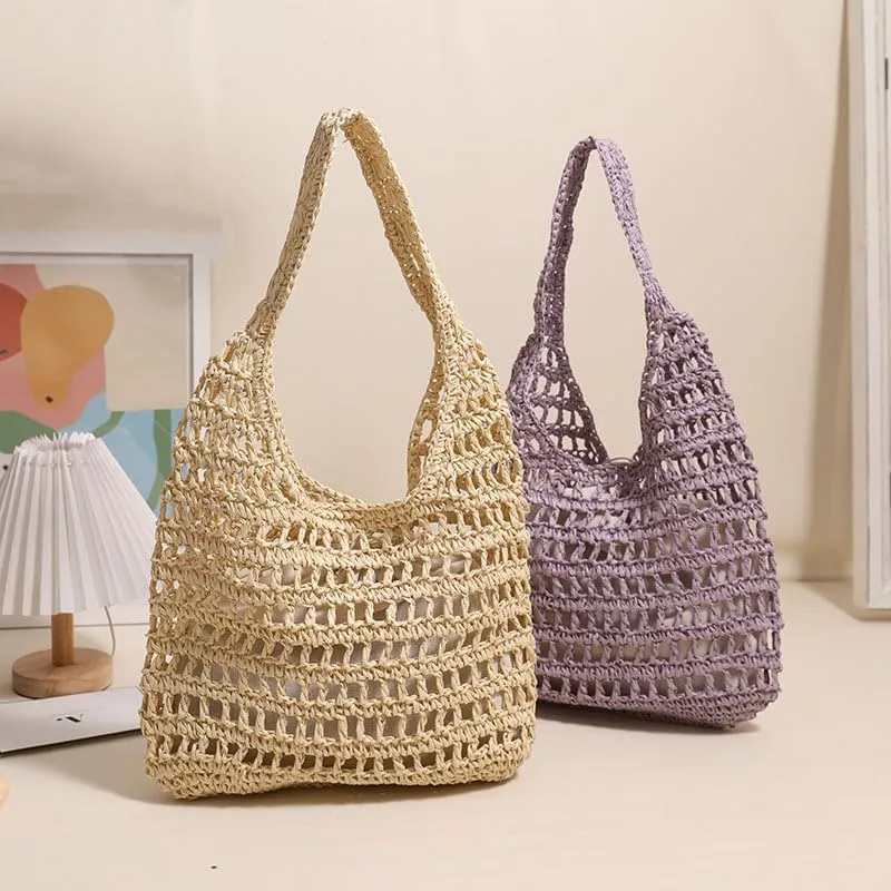 Straw Beach Vacation Tote Bags for Women Raffia Woven Crochet Boho Hobo Shoulder Bag Summer Large Mesh Handbags