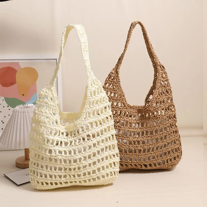 Straw Beach Vacation Tote Bags for Women Raffia Woven Crochet Boho Hobo Shoulder Bag Summer Large Mesh Handbags