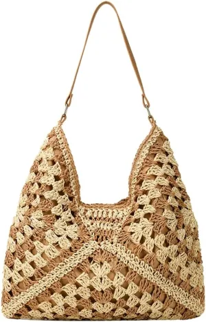Straw Hobo Bags for Women Hollow Out Straw Tote Summer Beach Bag Retro Purses 2024